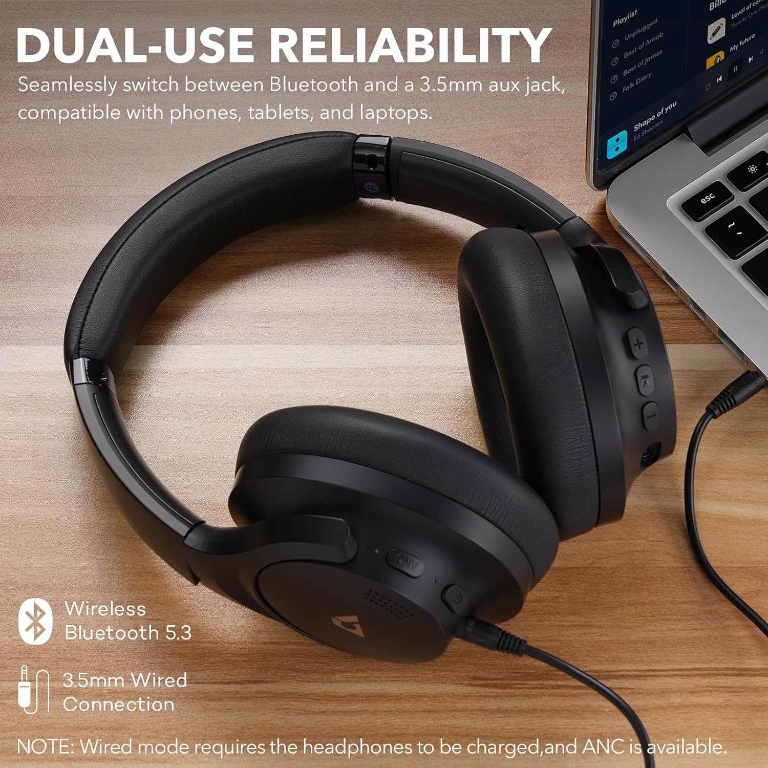 1Mii Y8 Noise Cancelling Headphones, Wireless LDAC Hi-Res Audio, 75H Battery Life, Comfortable, Over Ear Headphones Bluetooth 5.3 for Plane/Travel/Office - Black - Image 8
