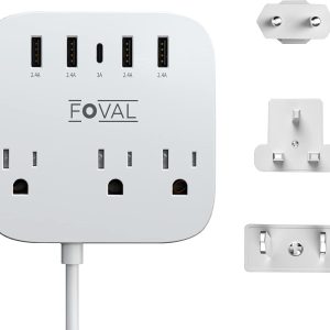 European Travel Plug Adapter, EU/UK/US Travel Plug Adapter Power Strip, 6 AC Outlets, 4 USB Ports (2 USB C), 3ft Wrapped Around Extension Cord, Universal Travel Adapter