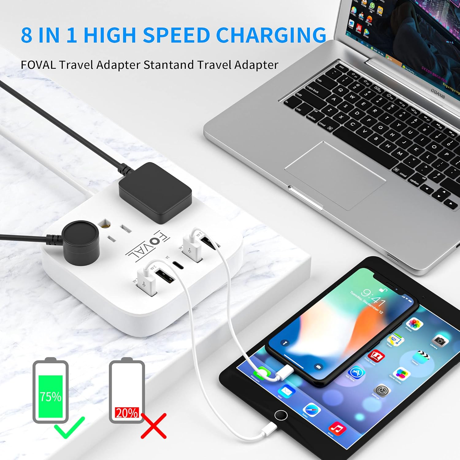 European Travel Plug Adapter, EU/UK/US Travel Plug Adapter Power Strip, 6 AC Outlets, 4 USB Ports (2 USB C), 3ft Wrapped Around Extension Cord, Universal Travel Adapter - Image 2