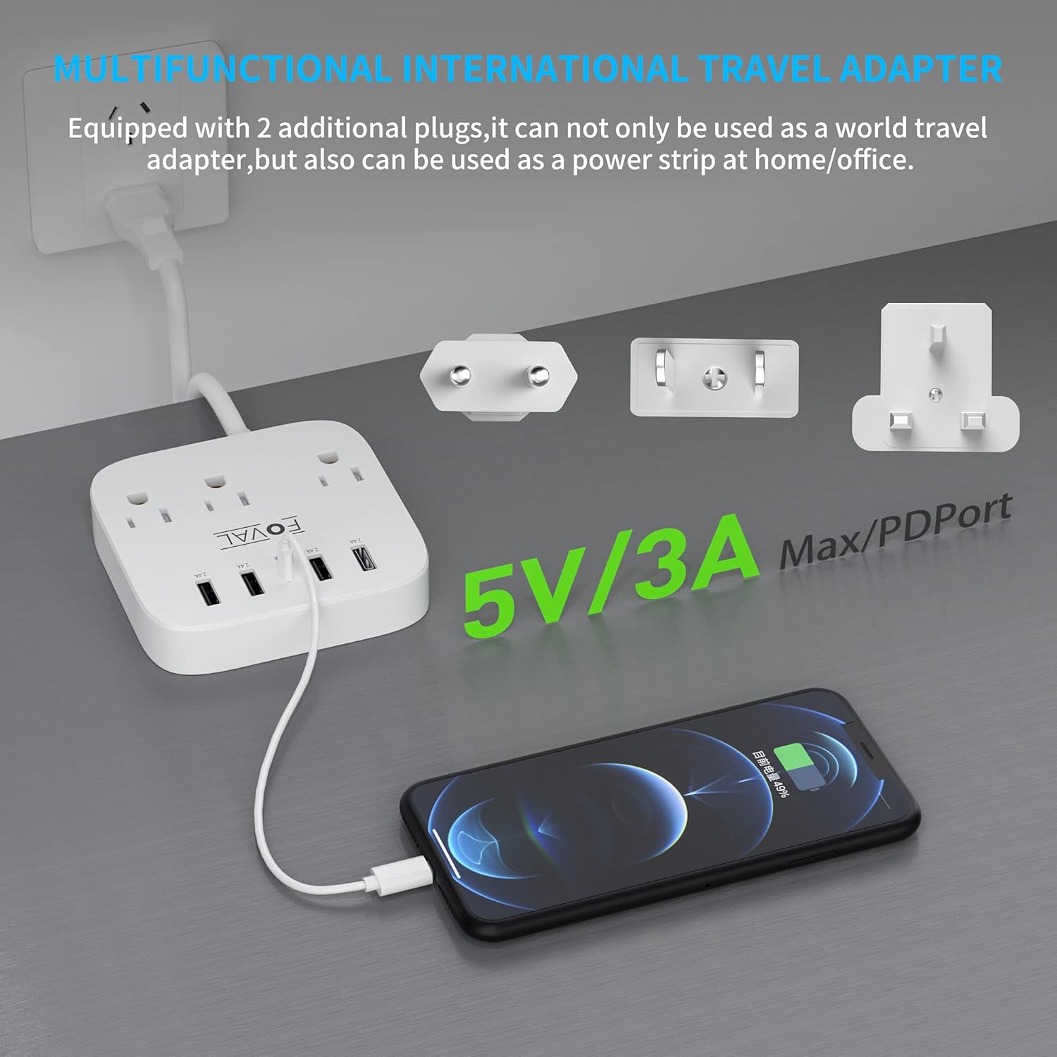 European Travel Plug Adapter, EU/UK/US Travel Plug Adapter Power Strip, 6 AC Outlets, 4 USB Ports (2 USB C), 3ft Wrapped Around Extension Cord, Universal Travel Adapter - Image 5