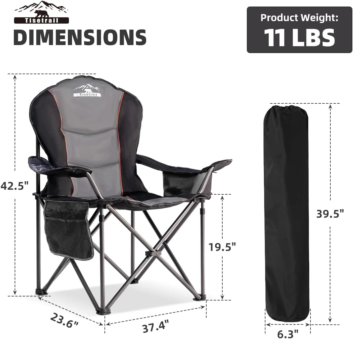 Oversized Camping Chair Folding Chair with Cooler Padded Outdoor Chairs Heavy Duty Support 500 LBS Steel Frame Collapsible Arm Chair with Cup Holder Black&Gray - Image 2