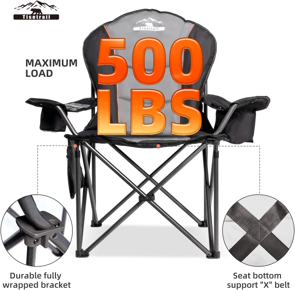 Oversized Camping Chair Folding Chair with Cooler Padded Outdoor Chairs Heavy Duty Support 500 LBS Steel Frame Collapsible Arm Chair with Cup Holder Black&Gray - Image 3
