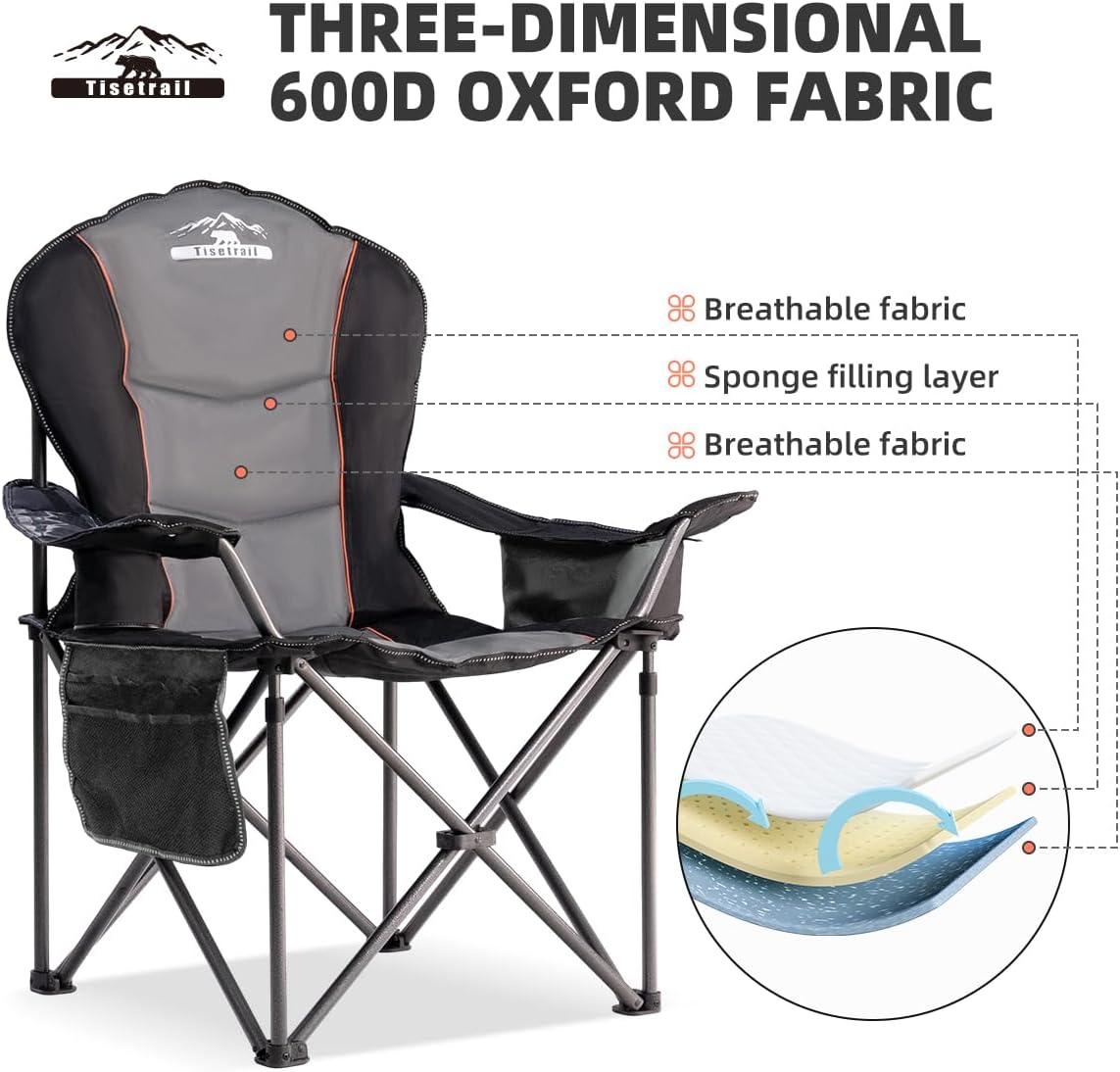 Oversized Camping Chair Folding Chair with Cooler Padded Outdoor Chairs Heavy Duty Support 500 LBS Steel Frame Collapsible Arm Chair with Cup Holder Black&Gray - Image 5