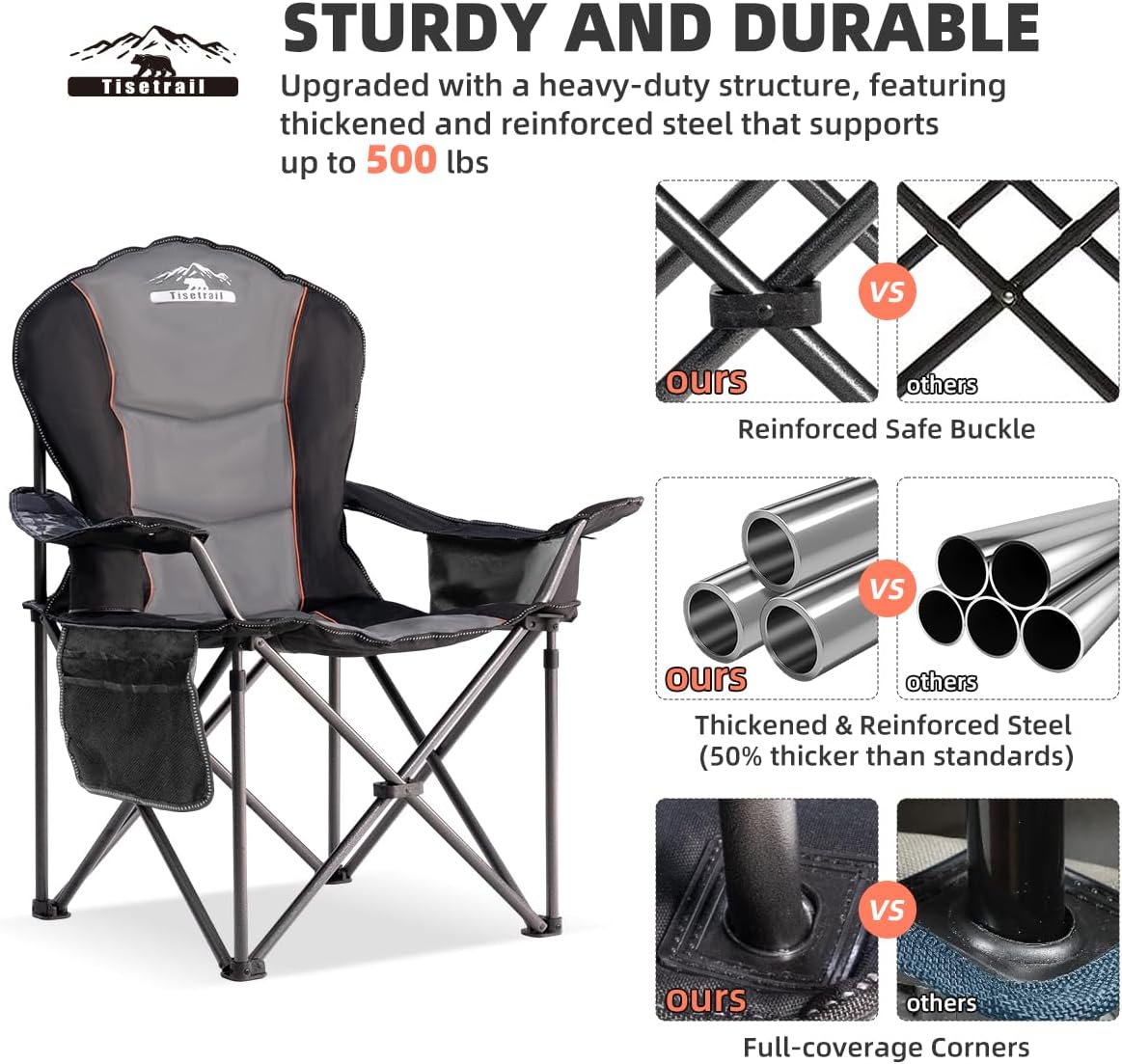 Oversized Camping Chair Folding Chair with Cooler Padded Outdoor Chairs Heavy Duty Support 500 LBS Steel Frame Collapsible Arm Chair with Cup Holder Black&Gray - Image 6