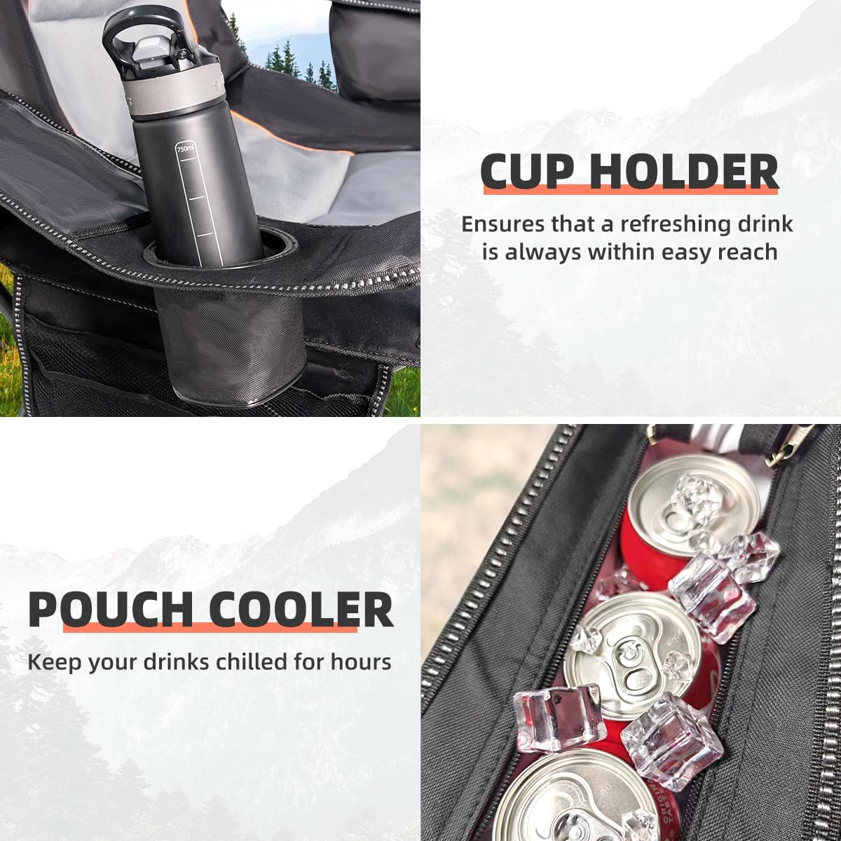 Oversized Camping Chair Folding Chair with Cooler Padded Outdoor Chairs Heavy Duty Support 500 LBS Steel Frame Collapsible Arm Chair with Cup Holder Black&Gray - Image 8