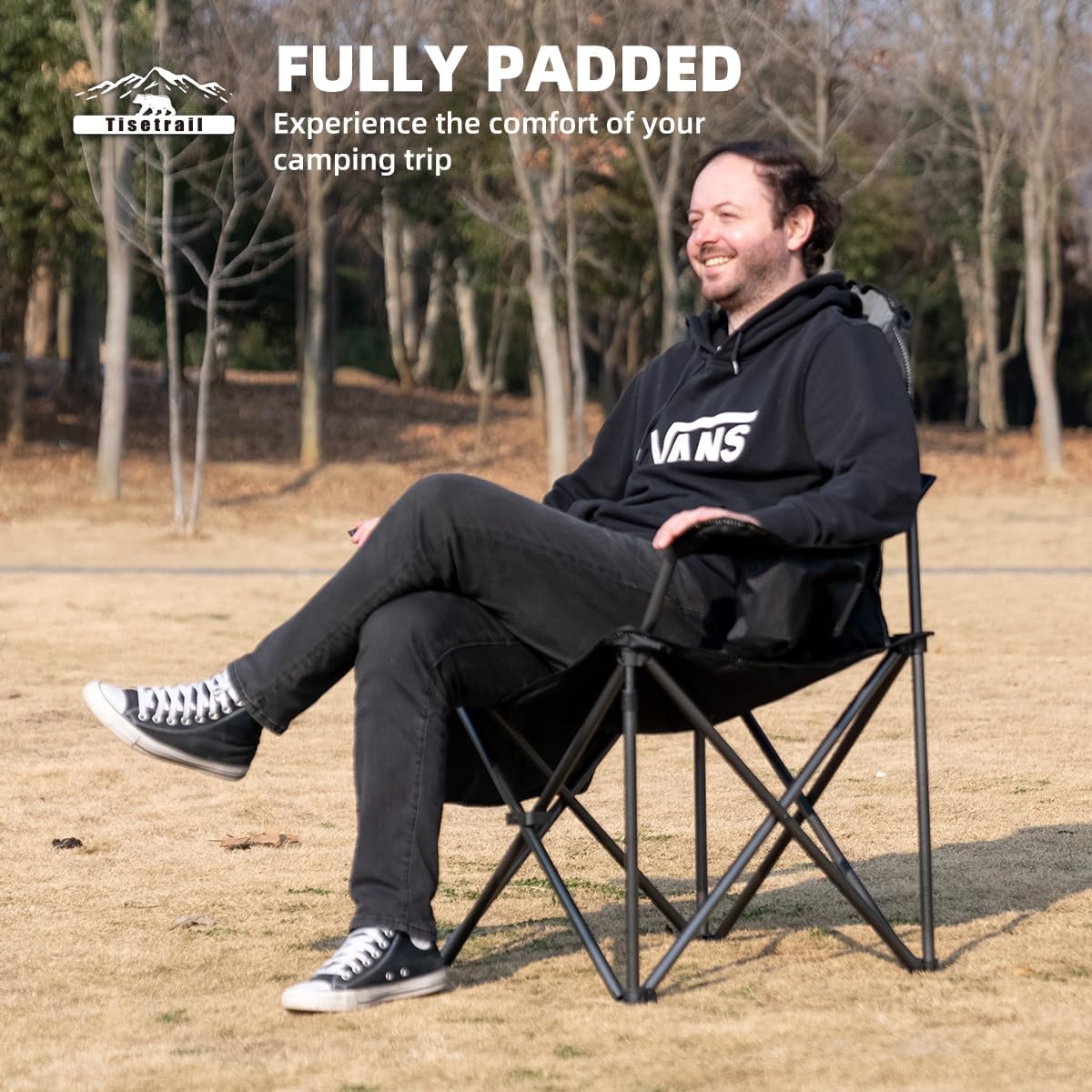 Oversized Camping Chair Folding Chair with Cooler Padded Outdoor Chairs Heavy Duty Support 500 LBS Steel Frame Collapsible Arm Chair with Cup Holder Black&Gray - Image 9