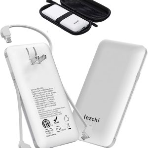 Portable Power Bank, Ultra Slim 10000mAh Portable Charger, USB C External Battery Pack with Built-in AC Plug, Charging Cable, Output Port, Compatible with All Kinds of Cellphones …