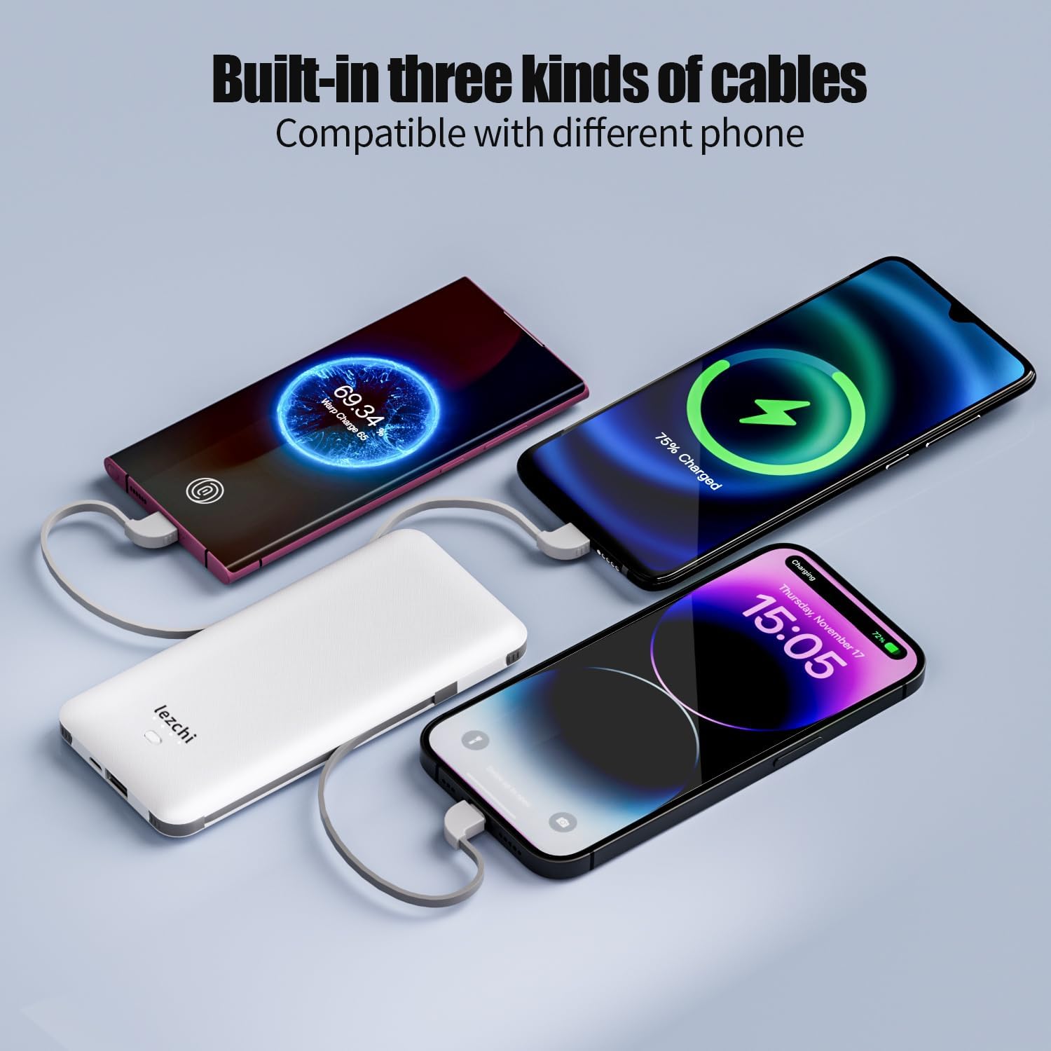 Portable Power Bank, Ultra Slim 10000mAh Portable Charger, USB C External Battery Pack with Built-in AC Plug, Charging Cable, Output Port, Compatible with All Kinds of Cellphones … - Image 2